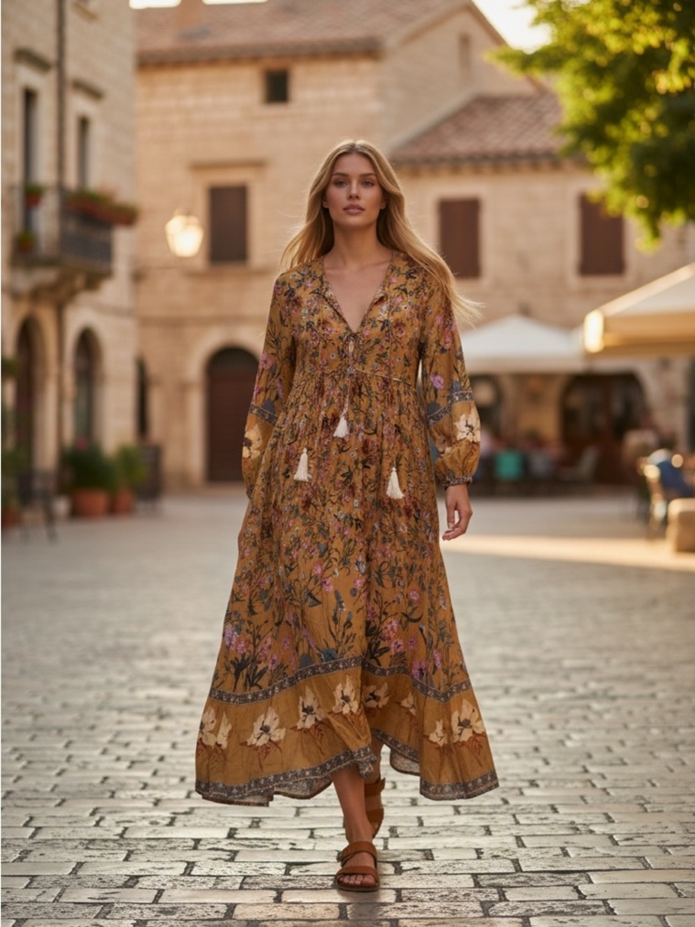 Mustard Floral Maxi Dress Boho Tiered V-Neck Long Balloon Sleeve Tassel Tie - Picture 1 of 10